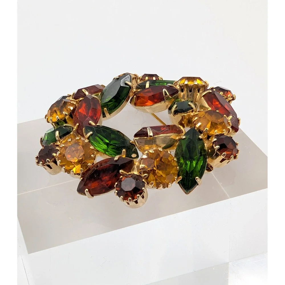 Vintage Marquise Rhinestone Wreath Brooch Gold Tone‎ 3D Fall Autumn